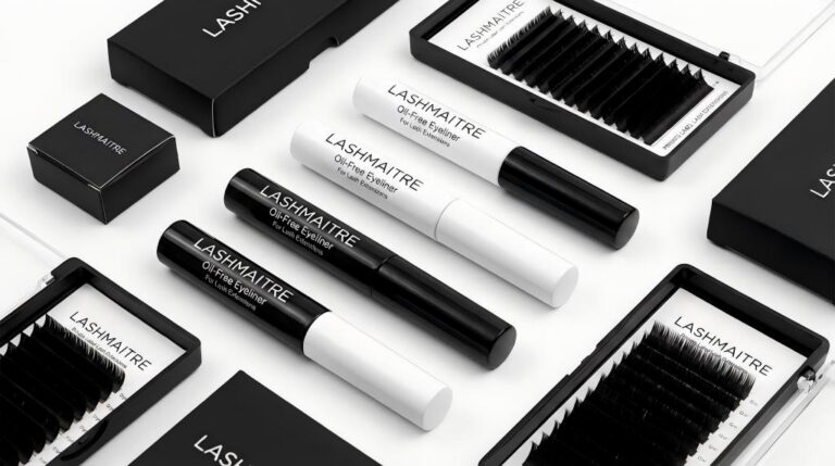 LASHMAITRE private label cosmetics display featuring oil free eyeliner for lash extension clients, shown alongside lash trays to demonstrate compatibility and safety for salon retail.