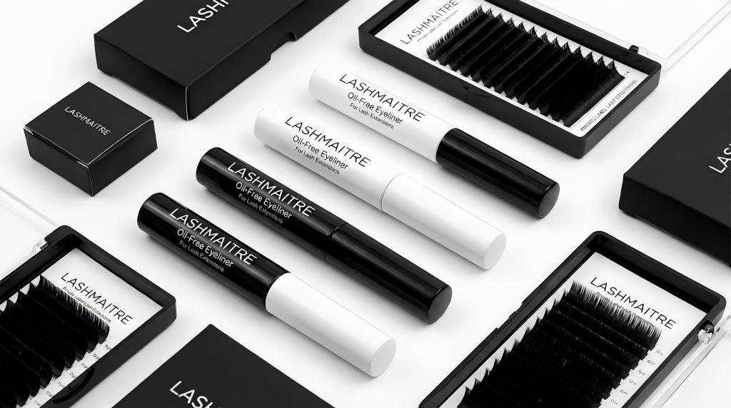 LASHMAITRE private label cosmetics display featuring oil free eyeliner for lash extension clients, shown alongside lash trays to demonstrate compatibility and safety for salon retail.