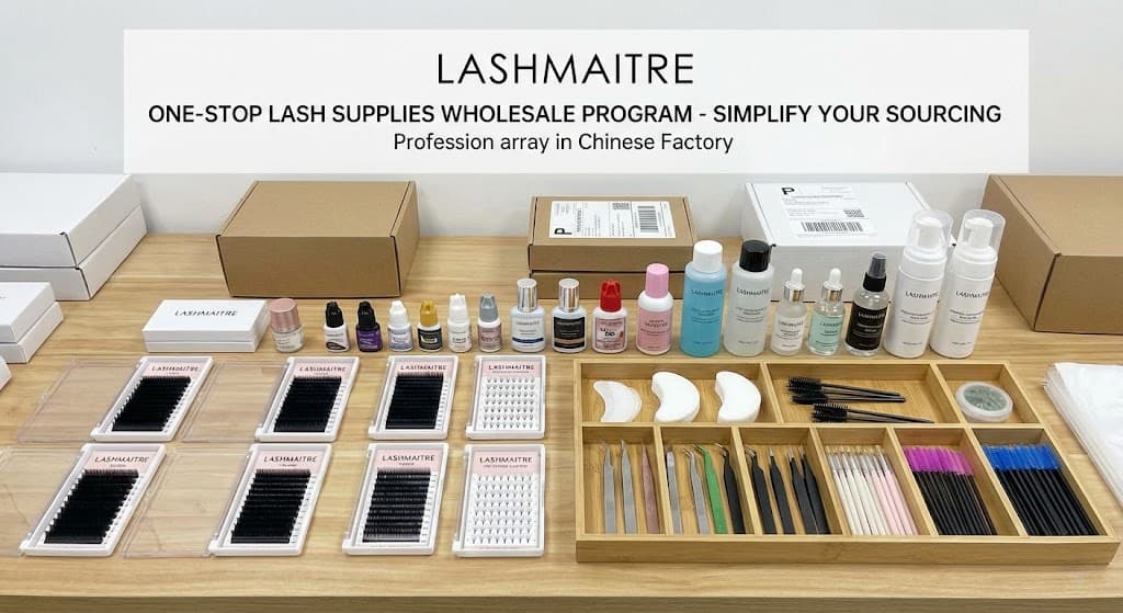 Organized workbench showing multiple lash supply items arranged in sections for a complete ordering kit

