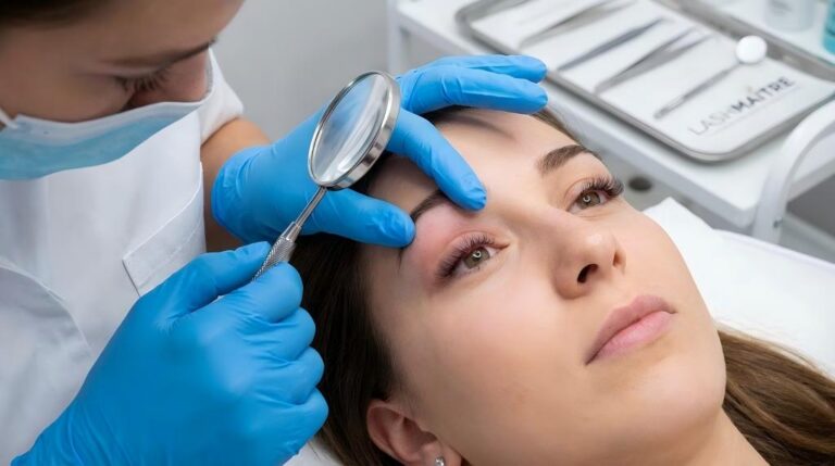 A professional LASHMAITRE technician examines a client presenting with only one eyelid swollen after extensions, using a magnifying glass to assess the reaction.