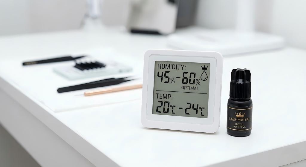 Digital hygrometer displaying the optimal humidity (45-60%) and temperature (20-24°C) range required for the best performance of LASHMAITRE royal eyelash extension glue.