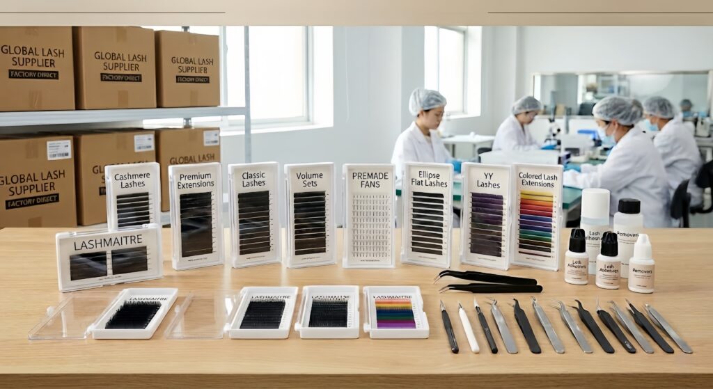 Assorted lash extension trays and lash supplies displayed together on a table