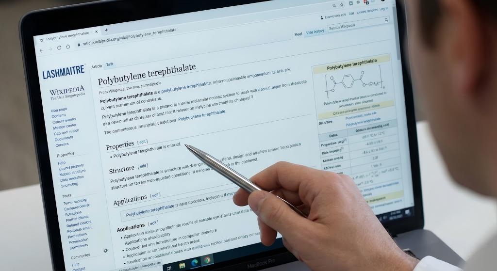 A professional researching Polybutylene terephthalate (PBT) material properties on a laptop to ensure quality for eyelash extensions in Tuscaloosa, Alabama.