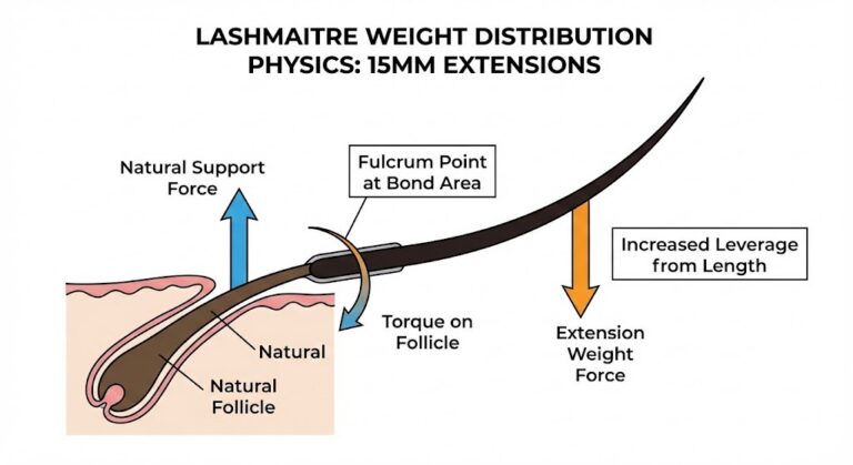 Scientific diagram illustrating the leverage effect and torque mechanics of 15mm eyelash extensions on a natural lash follicle to explain safe lash extension lengths.