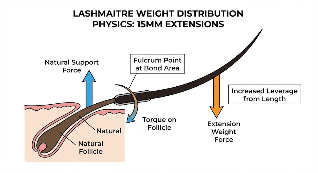 Scientific diagram illustrating the leverage effect and torque mechanics of 15mm eyelash extensions on a natural lash follicle to explain safe lash extension lengths.