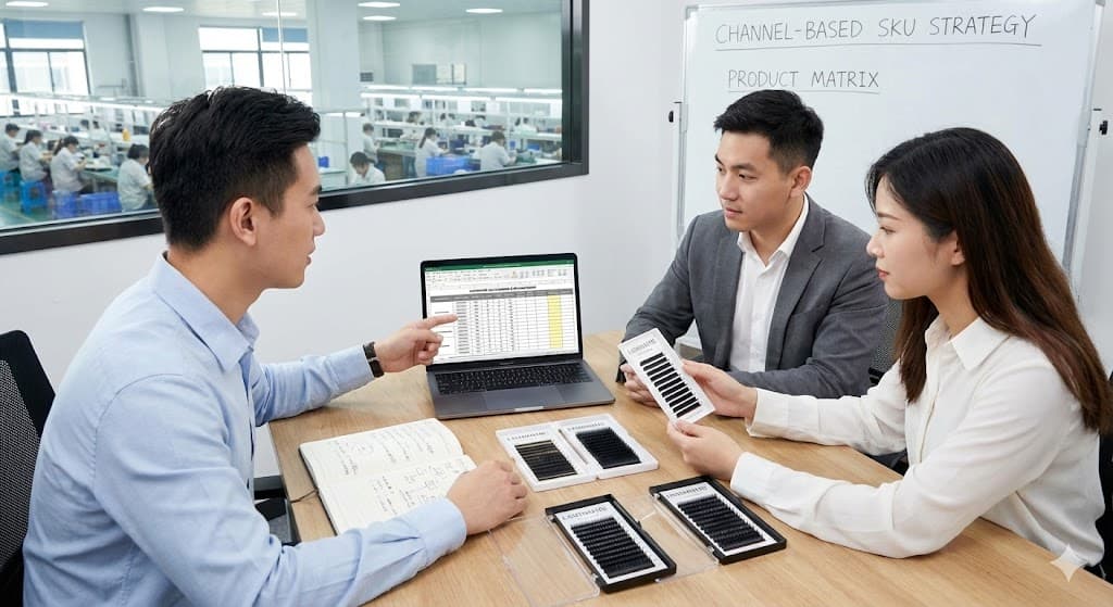 Business team reviewing SKU spreadsheets and product samples during a planning meeting on a laptop and notebook


