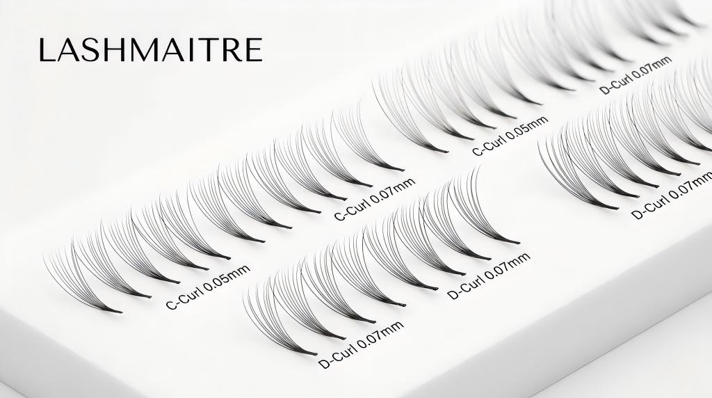 Macro close-up shot of LASHMAITRE premade eyelash extension fans, highlighting perfect curl consistency, sharp bases, and various diameter options for professional volume lashing.