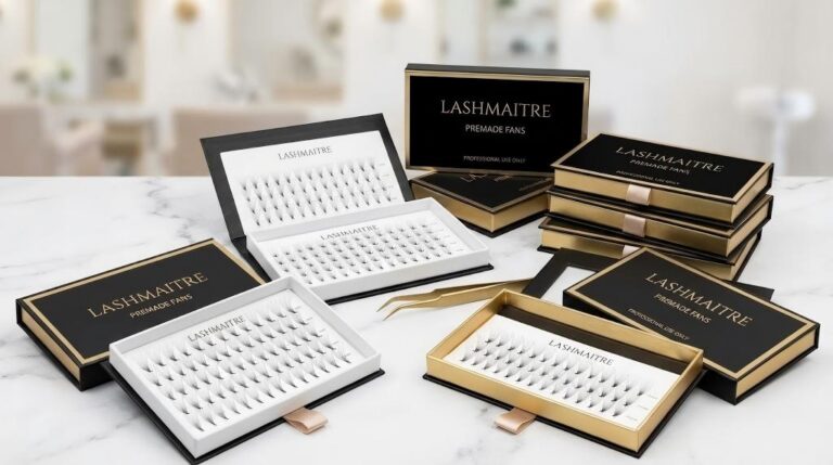 High-quality LASHMAITRE premade eyelash extension fans arranged in wholesale trays, featuring custom private label packaging options for professional U.S. lash studios.
