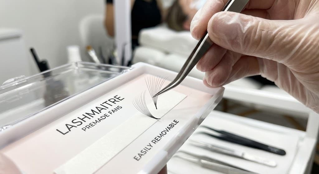 Tweezers picking up a premade volume fan cleanly from the strip for fast application