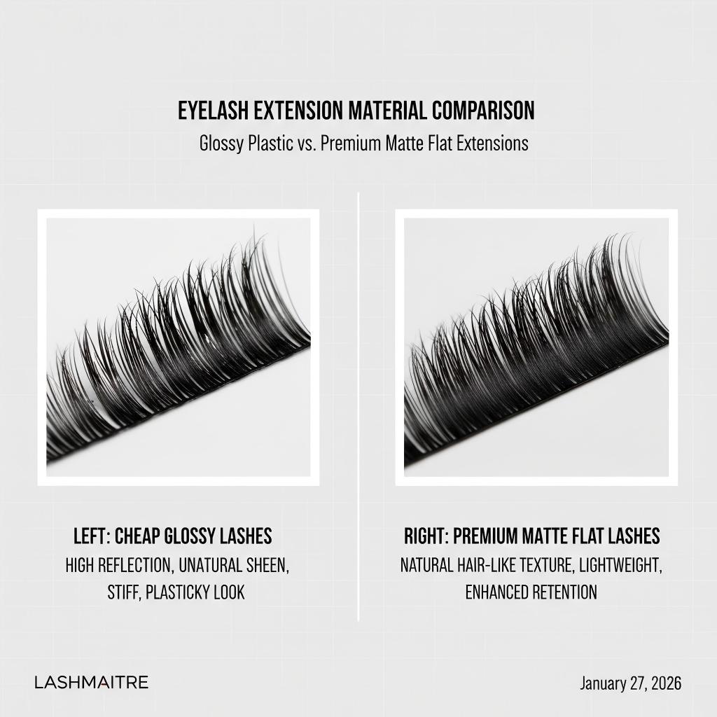 A side-by-side comparison of lash extension materials: glossy, plastic-like lashes versus premium matte flat lashes, highlighting the superior natural look and feel ideal for full set classic eyelash extensions.