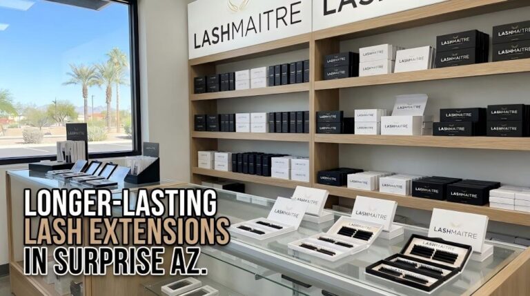 Neatly arranged LASHMAITRE lash extension trays and private label packaging, displaying the premium stock available for creating longer-lasting eyelash extensions in Surprise AZ.