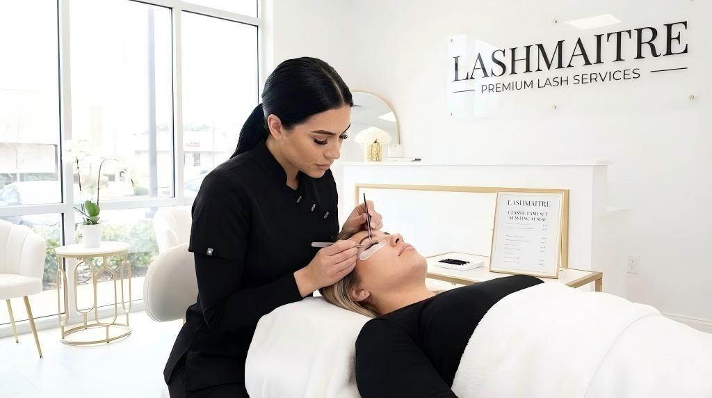 A professional lash artist applying classic extensions in an upscale U.S. salon, with a visible price list indicating how much are eyelash extensions, showing a starting price of $150.