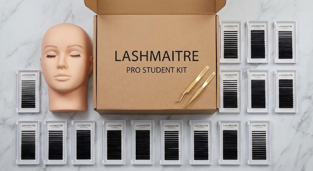 Flat lay photography of a massive LASHMAITRE training set including a mannequin head, 20 trays, and gold tweezers, representing premium wholesale student lash kits for lash academies.