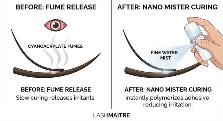 Scientific diagram illustrating how using a nano mister stops the fumes that trigger an allergic reaction to eyelash extension glue.