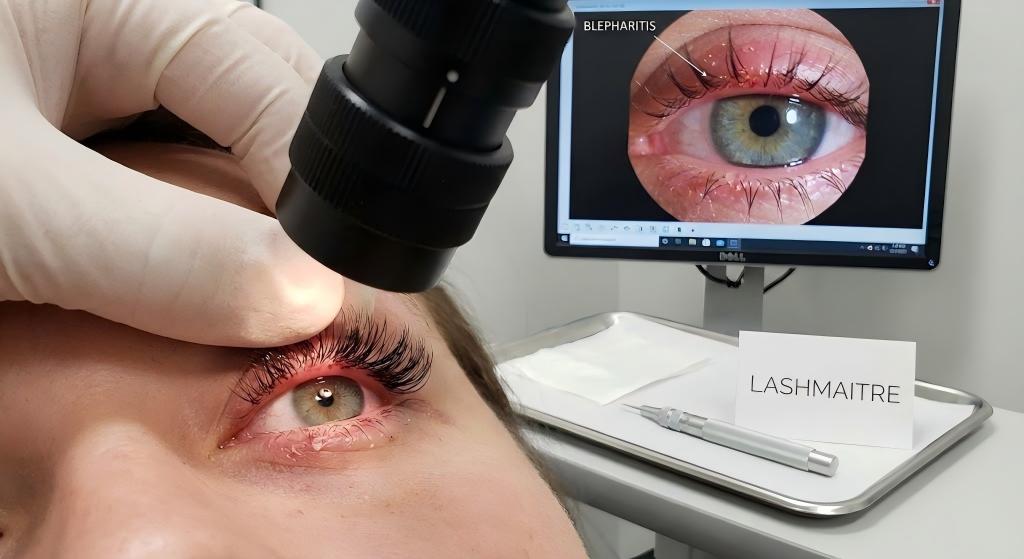 Medical examination showing an inflamed eye with eyelash extensions diagnosed with blepharitis on a monitor, highlighting the importance of using a lash extension aftercare cleanser. A LASHMAITRE card is visible.