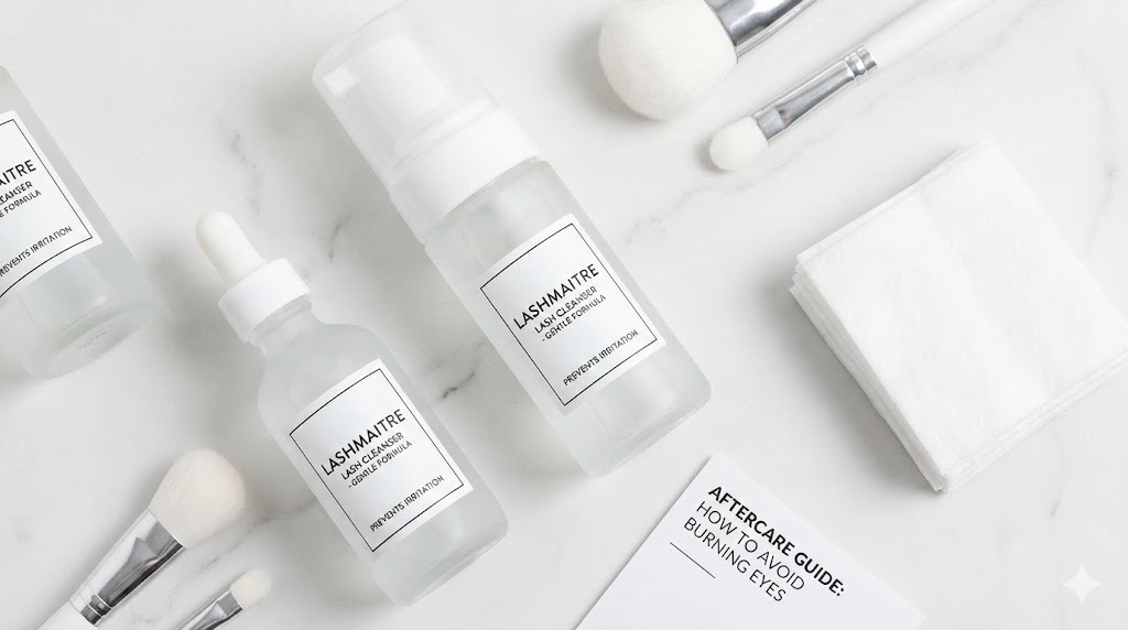 Flat lay of LASHMAITRE gentle foaming cleanser bottles, a key aftercare product designed to soothe irritation and prevent burning eyes after lash extensions.