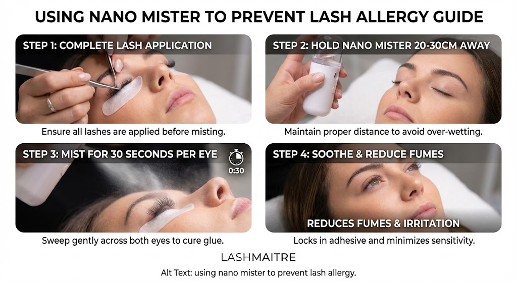Visual guide demonstrating a 4-step nano mister routine used to cure adhesive instantly and prevent cyanoacrylate allergy symptoms.