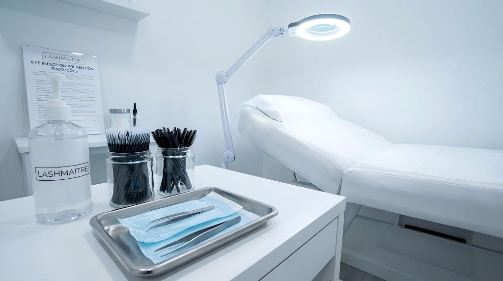 A pristine LASHMAITRE salon workstation featuring sanitized tools, disposable applicators, and a hygiene guide, illustrating the strict protocols used to prevent eye infections from eyelash extensions.