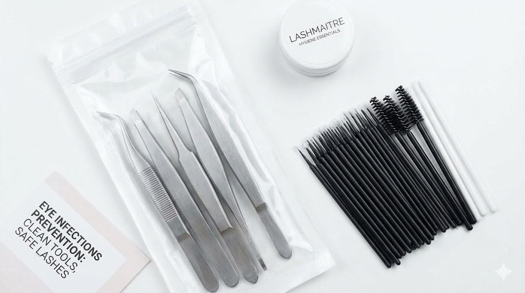 A clinical flat lay of LASHMAITRE sanitized tweezers and single-use disposable applicators on a sterile surface, illustrating the hygiene standards required to prevent eye infections from eyelash extensions.