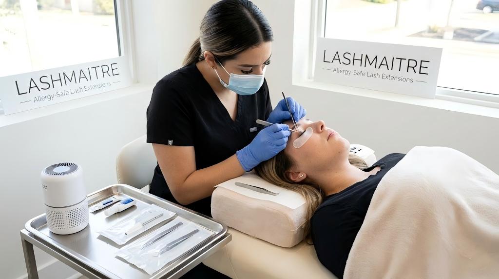 Professional lash artist wearing protective gloves and using sterilized tools to prevent eyelash extension allergies at LASHMAITRE salon.