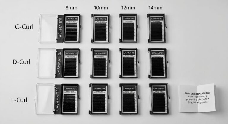 A professional flat lay of the LASHMAITRE private label eyelash extension tray system, organized by curl and length, alongside a guide on preventing client discomfort, addressing issues like when eyelash extensions hurt when I blink.