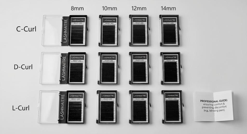 A professional flat lay of the LASHMAITRE private label eyelash extension tray system, organized by curl and length, alongside a guide on preventing client discomfort, addressing issues like when eyelash extensions hurt when I blink.
