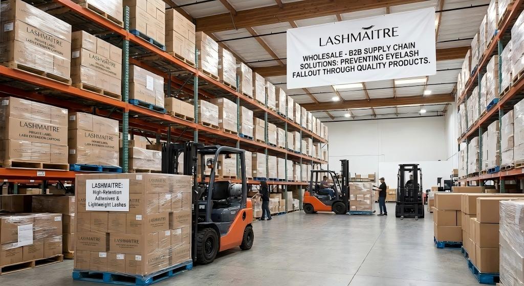 The LASHMAITRE wholesale warehouse featuring climate-controlled storage for adhesives and organized inventory, demonstrating the supply chain standards required to prevent complaints that eyelashes fall out with extensions.