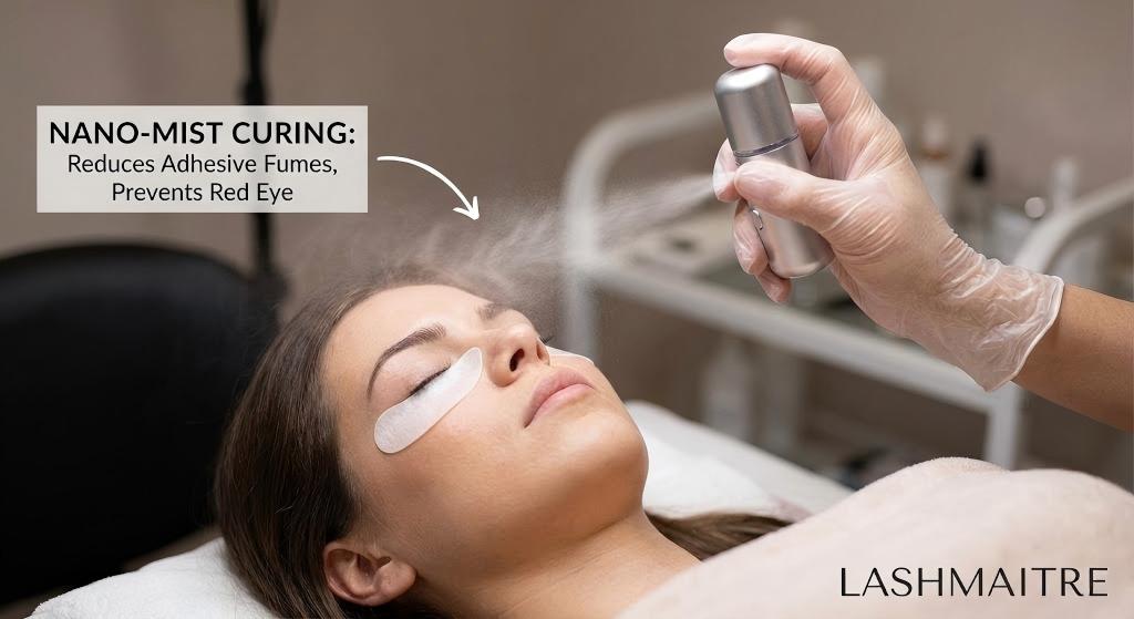 A close-up of a lash technician using a nano-mister 30cm away from a client's face to cure adhesive fumes, a key technique to prevent eyes red after eyelash extensions.