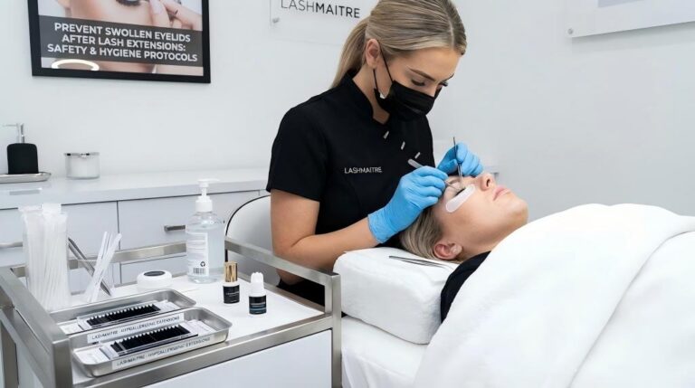 A LASHMAITRE professional lash artist wearing gloves and a mask applies extensions in a clean salon, with visible signage detailing safety protocols to prevent swollen eyelids after lash extensions.