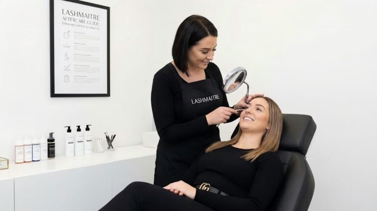 A professional LASHMAITRE artist using a hand mirror to inspect a client's eyes immediately after service, ensuring comfort and checking for any signs that could lead to burning eyes after lash extensions.