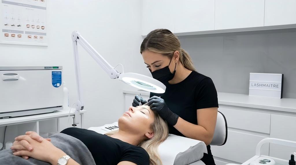 A professional lash technician carefully examining a client's lash line to prevent eye infections caused by eyelash extensions in salons, ensuring total hygiene and safety.