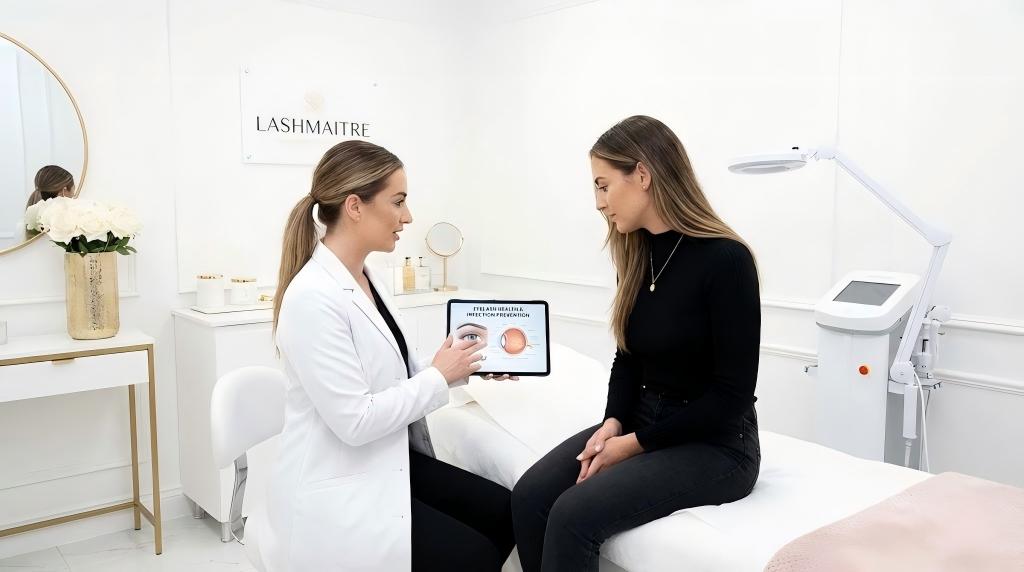 A professional LASHMAITRE technician educates a client on preventing eye infections from eyelash extensions using a tablet diagram in a clean salon setting.