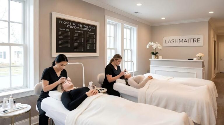Professional lash artists performing classic and volume sets in an upscale salon, illustrating the premium service standards behind the pricing strategies for eyelash extensions in Saratoga.