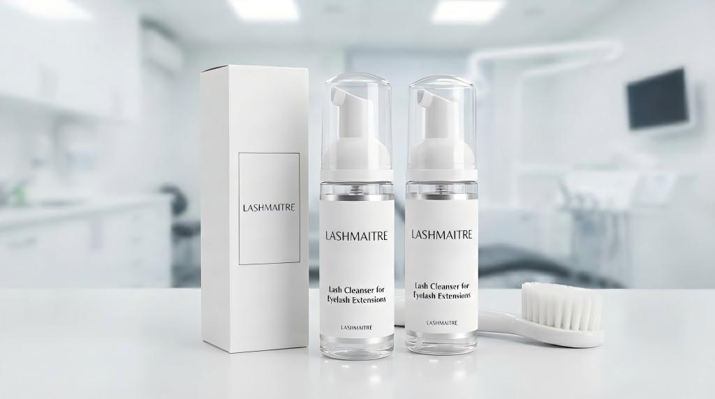 Two foam pump bottles of private label lash cleanser for eyelash extensions arranged with a blank white product box and a soft cleansing brush in a clean, clinical salon setting.