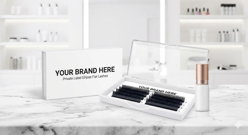 Lashmaitre ellipse flat lashes wholesale with private label OEM packaging showing custom logo box and flat lash extensions trays for ellipse classic lashes