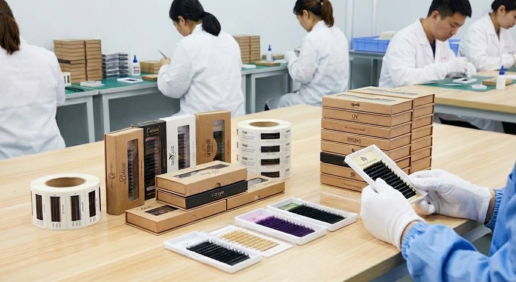 Branded lash boxes, labels, and product samples arranged on a work table