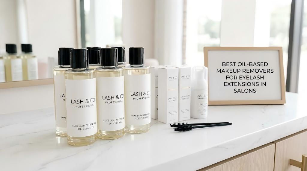 Multiple bottles of private label oil-based makeup remover with custom branding "LASH & CO. PROFESSIONAL LUXE LASH AFTERCARE - OIL CLEANSER" displayed on a white marble salon counter. Next to them are lash foam cleanser boxes and spoolies. A framed sign in the background reads "BEST OIL-BASED MAKEUP REMOVERS FOR EYELASH EXTENSIONS IN SALONS."