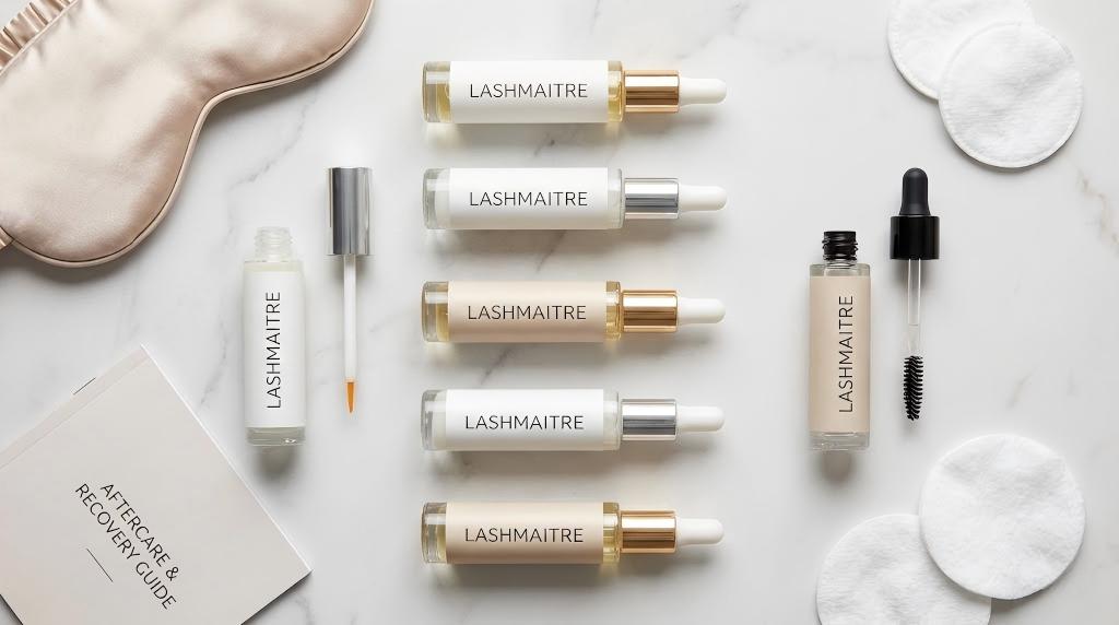 A professional flat lay of LASHMAITRE private label eyelash serums, conditioners, and an aftercare guide, presenting a complete product kit for eyelash care after removing extensions.