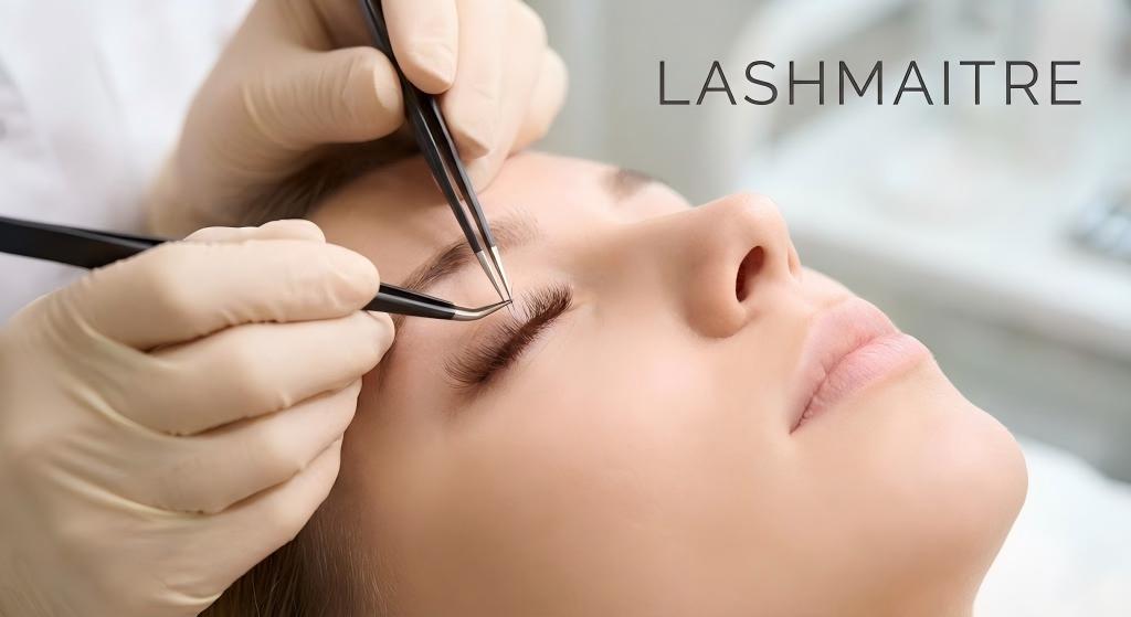 Professional lash artist applying LASHMAITRE brown eyelash extensions to a client, demonstrating the soft, natural alternative to traditional black lashes.