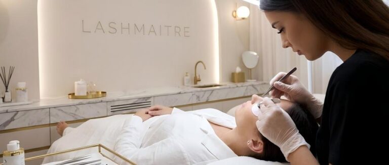 Close-up of a professional lash artist applying extensions in a pristine salon environment, demonstrating the precise isolation and bonding techniques required for long-lasting lash extensions.