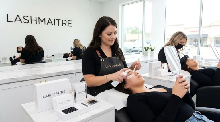 A LASHMAITRE technician in a modern U.S. salon demonstrating proper cleansing techniques for eyelash extension aftercare to a client holding a mirror.