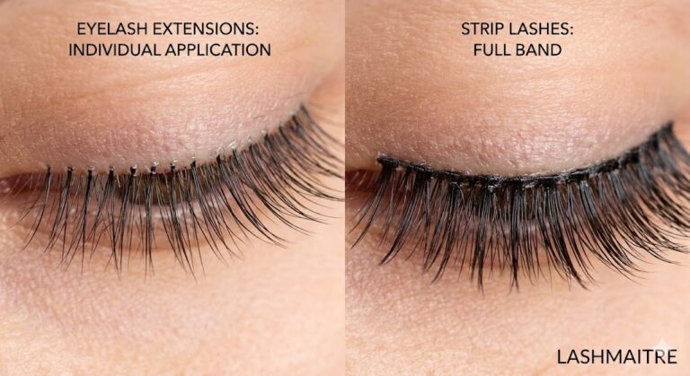 A side-by-side macro photo comparing the seamless individual attachment of extensions (left) versus the visible band of strip lashes (right), illustrating the skill factor behind the professional lash application cost.