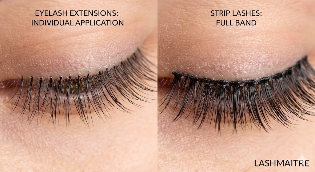 A side-by-side macro photo comparing the seamless individual attachment of extensions (left) versus the visible band of strip lashes (right), illustrating the skill factor behind the professional lash application cost.