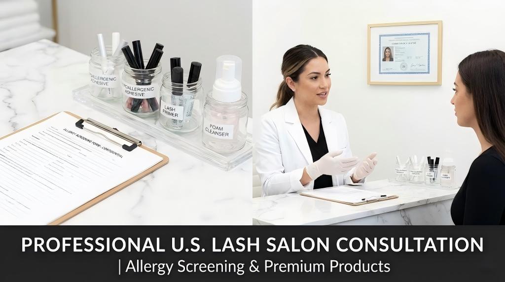 A split photo showing a professional U.S. lash salon consultation. On the left, an allergy screening form and hypoallergenic products on a marble counter illustrate lash extension allergy protocols for salons. On the right, a licensed esthetician in a white coat consults with a client in a clinical environment.