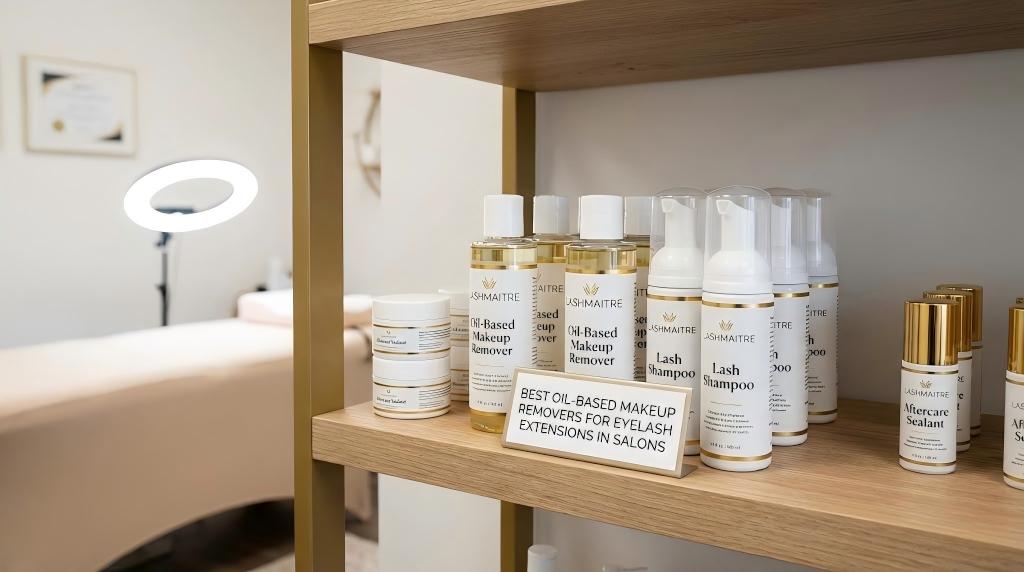 A professional wooden product shelf in a salon displaying LASHMAITRE brand aftercare products. The shelf features bottles of "Oil-Based Makeup Remover," "Lash Shampoo," and "Aftercare Sealant." A small sign in front reads "BEST OIL-BASED MAKEUP REMOVERS FOR EYELASH EXTENSIONS IN SALONS." In the background, a lash treatment bed with a ring light is visible.