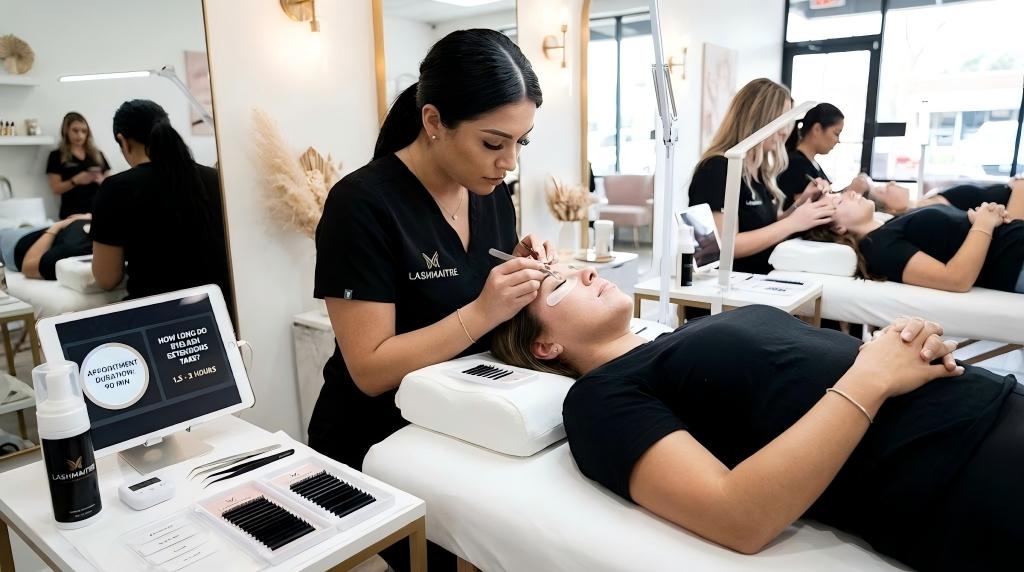 A professional LASHMAITRE lash artist applying extensions to a client in a busy salon. A tablet on the clean workstation displays "APPOINTMENT DURATION: 90 MIN" and explicitly answers the question "HOW LONG DO EYELASH EXTENSIONS TAKE? 1.5 - 2 HOURS".