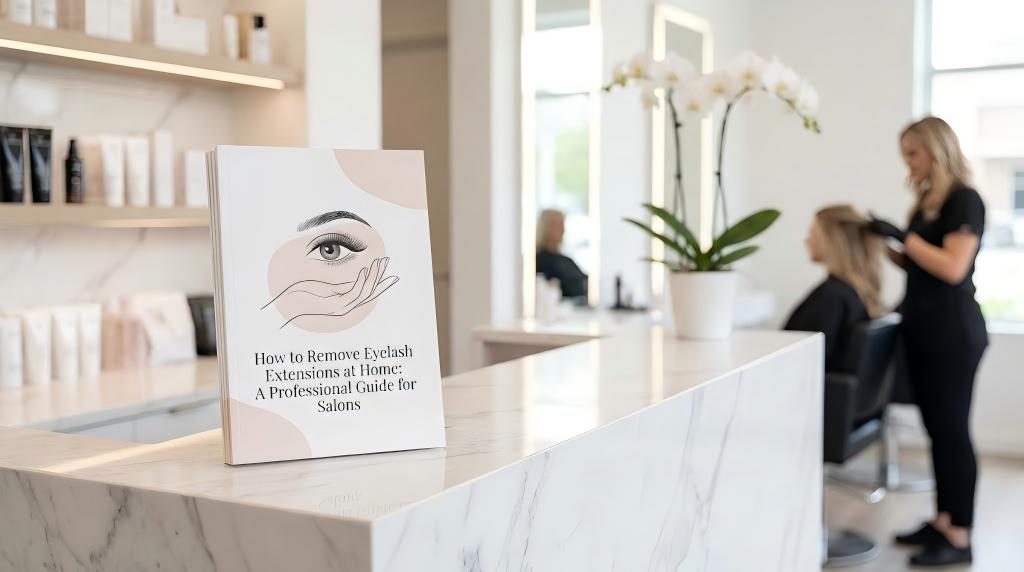 A printed professional guidebook titled "How to Remove Eyelash Extensions at Home: A Professional Guide for Salons" displayed on a white marble reception counter in an upscale beauty salon.