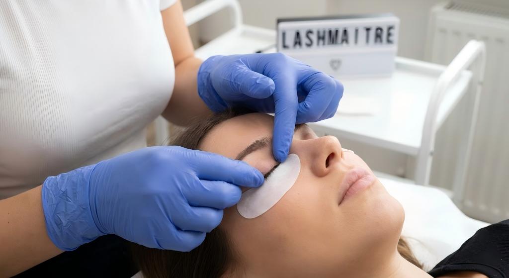 Close-up showing a lash artist in blue gloves performing precise under eye pads placement on a client's lower lash line at Lashmaitre salon.