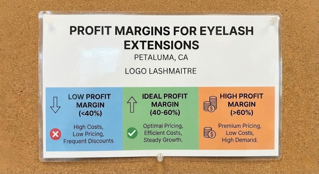 Business profit margin guide for eyelash extensions in Petaluma by LASHMAITRE, illustrating financial targets for running the best lash salon in Sonoma County.