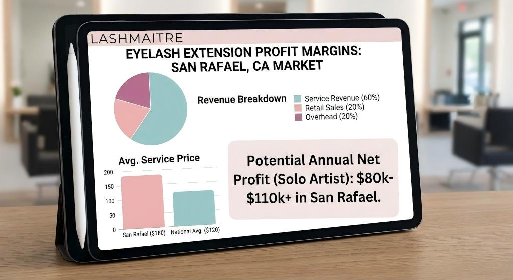 Tablet displaying LASHMAITRE financial charts analyzing revenue potential and competitive san rafael lash salon pricing.